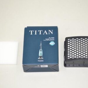 Titan air purifier with its filter placed beside it on a white surface.